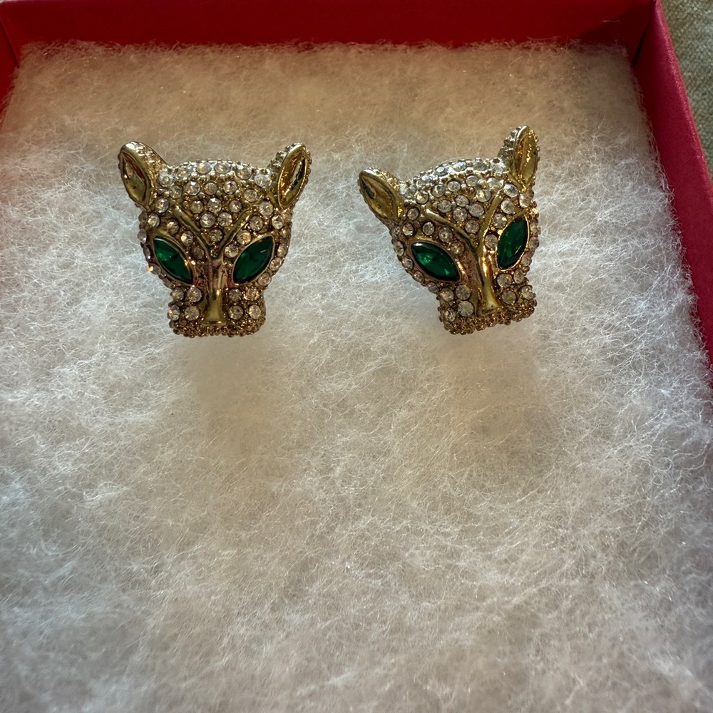 🐆 Gold, silver & emerald leopard face rhinestone stud costume earrings